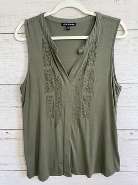 Cable & Gauge  Olive Green Sleeveless Top with Embroidered Detail, size XL
